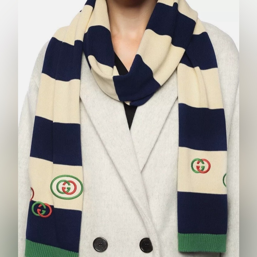 GUCCI
Cotton Striped Interlocking G Scarf Blue Green